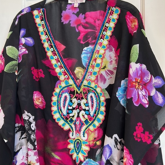 Flint & Moss beach Black Floral Embellished sheer cover up with tie sz.L - Picture 2 of 7